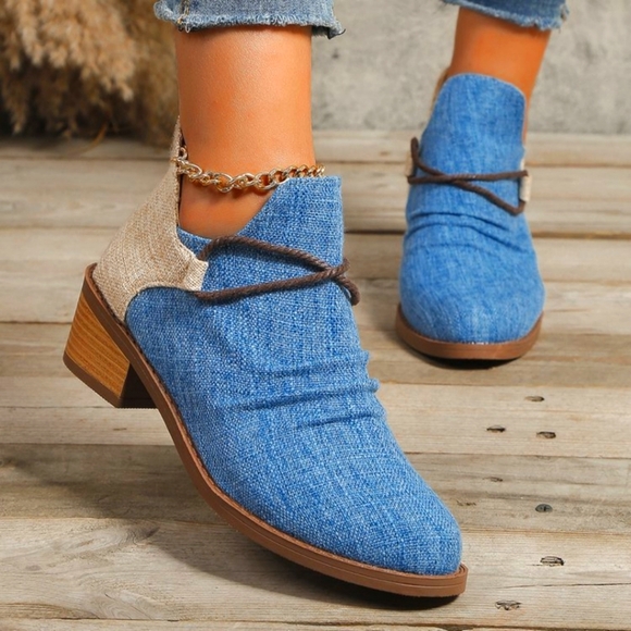 Contrast Canvas Low Heel Boots - Picture 1 of 4